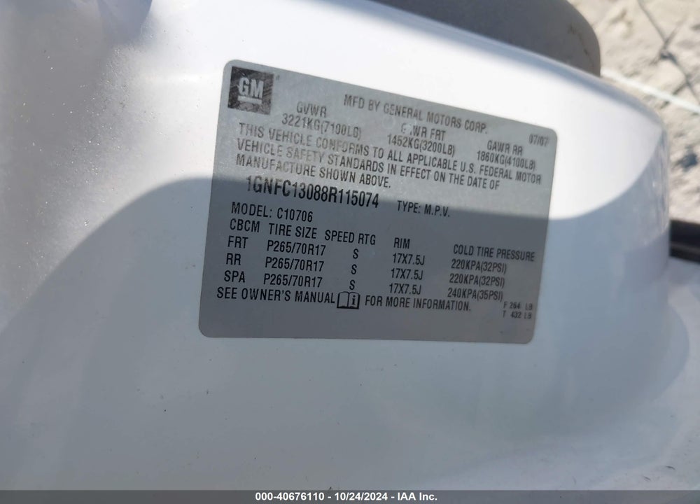 2008 CHEVROLET TAHOE LT VIN: 1GNFC13088R115074