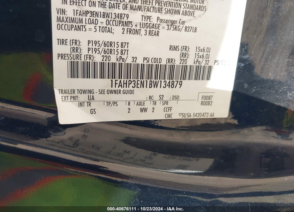 2011 FORD FOCUS S VIN: 1FAHP3EN1BW134879