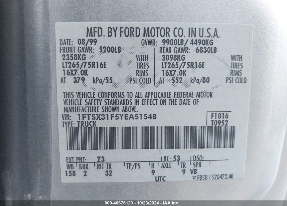 2000 FORD F-350 LARIAT/XL/XLT VIN: 1FTSX31F5YEA51548