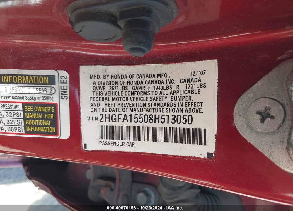 2008 HONDA CIVIC LX VIN: 2HGFA15508H513050