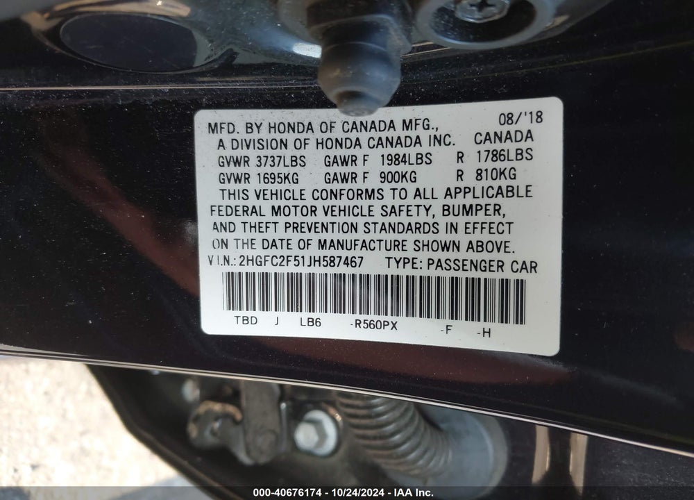 2018 HONDA CIVIC LX VIN: 2HGFC2F51JH587467