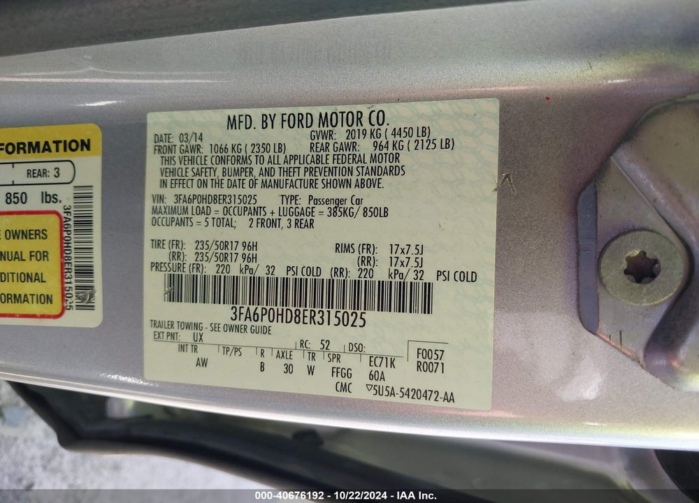2014 FORD FUSION SE VIN: 3FA6P0HD8ER315025