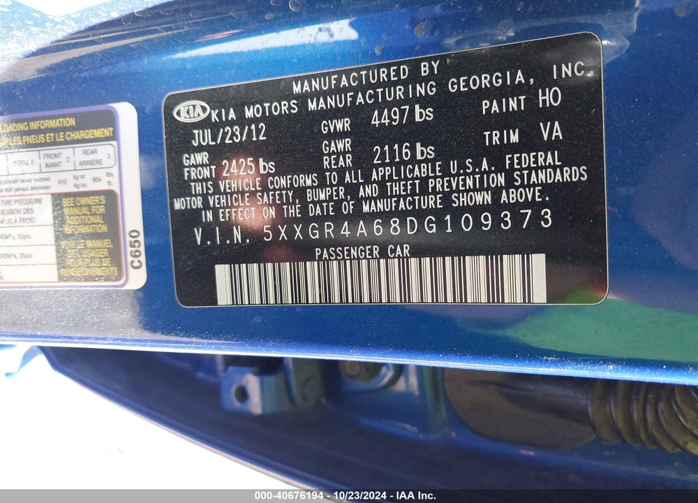 2013 KIA OPTIMA VIN: 5XXGR4A68DG109373