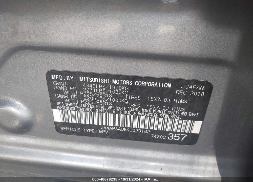 2019 MITSUBISHI OUTLANDER SPORT 2.0 ES VIN: JA4AP3AU8KU020182