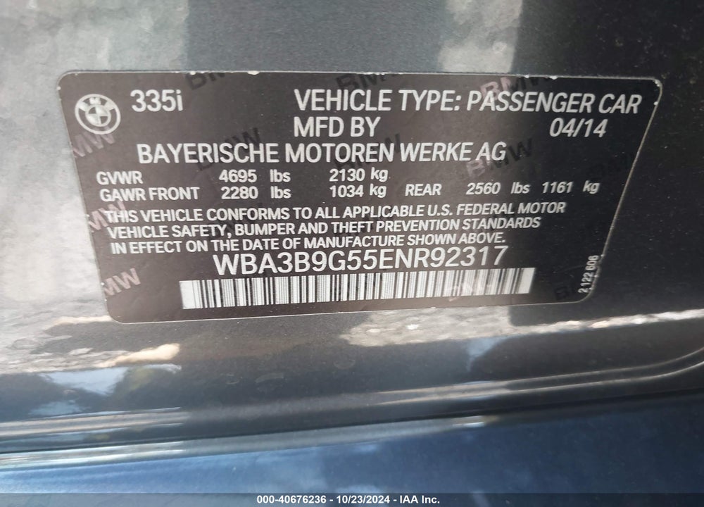 2014 BMW 335I XDRIVE VIN: WBA3B9G55ENR92317