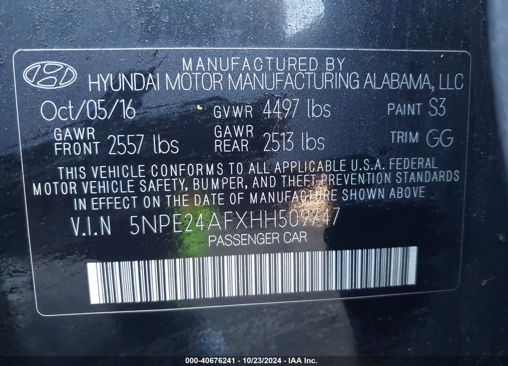 2017 HYUNDAI SONATA SE VIN: 5NPE24AFXHH509747