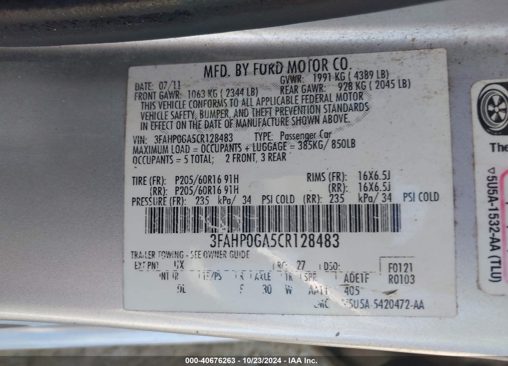2012 FORD FUSION S VIN: 3FAHP0GA5CR128483