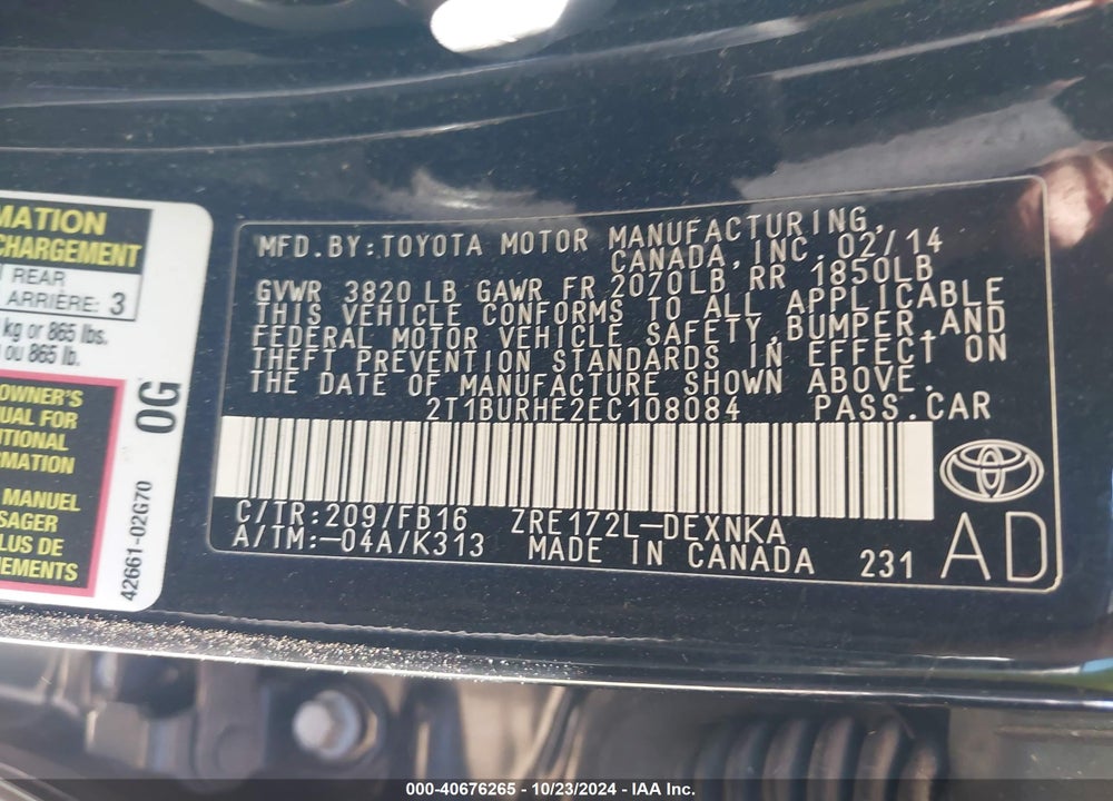 2014 TOYOTA COROLLA LE VIN: 2T1BURHE2EC108084