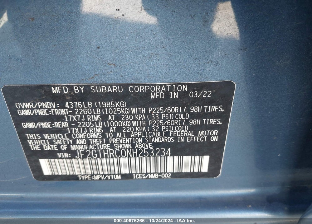 2022 SUBARU CROSSTREK SPORT VIN: JF2GTHRC0NH253234