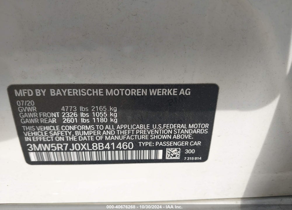 2020 BMW 330I XDRIVE VIN: 3MW5R7J0XL8B41460