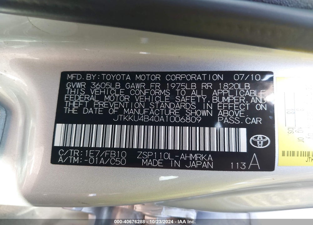 2010 SCION XD VIN: JTKKU4B40A1006809