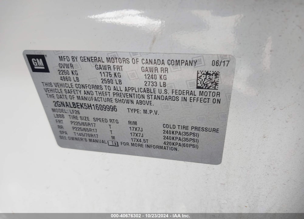 2017 CHEVROLET EQUINOX LS VIN: 2GNALBEK5H1609996