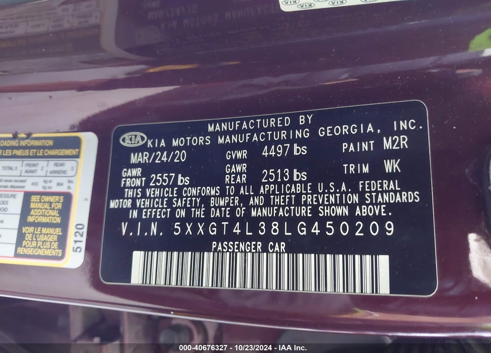2020 KIA OPTIMA LX VIN: 5XXGT4L38LG450209