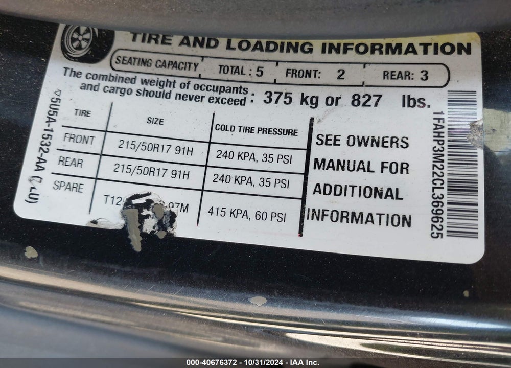 2012 FORD FOCUS SEL VIN: 1FAHP3M22CL369625
