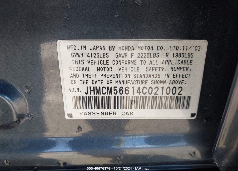 2004 HONDA ACCORD 2.4 EX VIN: JHMCM56614C021002