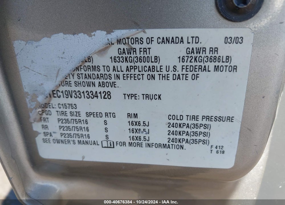 2003 GMC SIERRA 1500 VIN: 2GTEC19V331334128