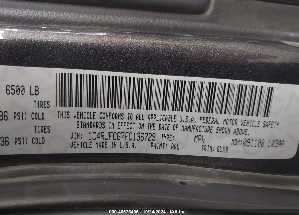 2015 JEEP GRAND CHEROKEE OVERLAND VIN: 1C4RJFCG7FC136729