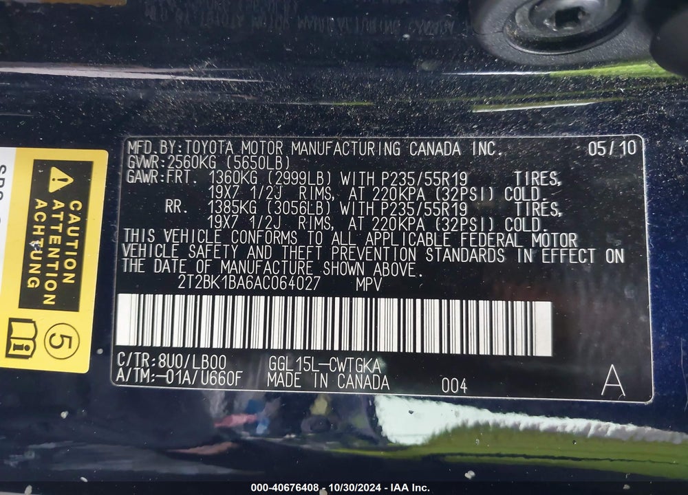 2010 LEXUS RX 350 VIN: 2T2BK1BA6AC064027