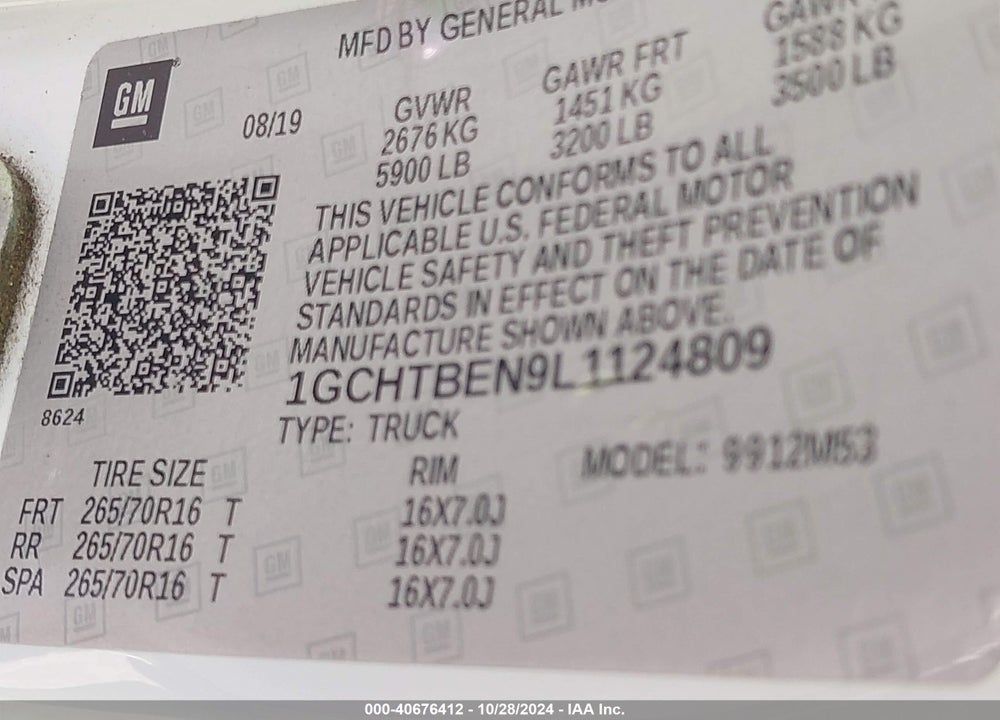 2020 CHEVROLET COLORADO VIN: 1GCHTBEN9L1124809