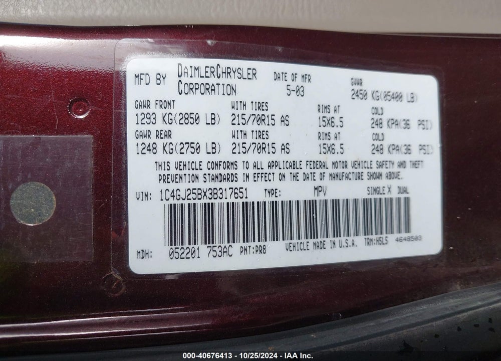 2003 CHRYSLER VOYAGER VIN: 1C4GJ25BX3B317651
