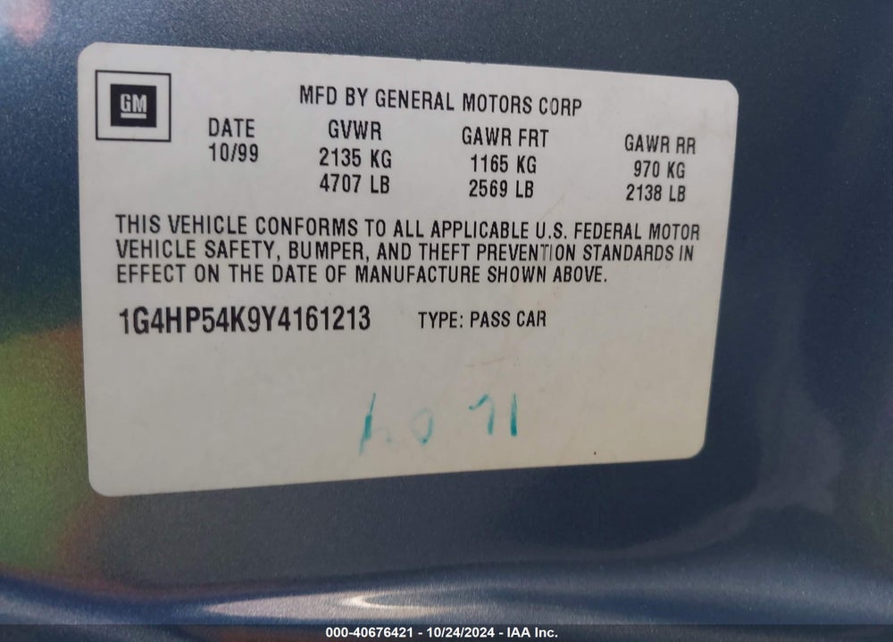 2000 BUICK LESABRE CUSTOM VIN: 1G4HP54K9Y4161213
