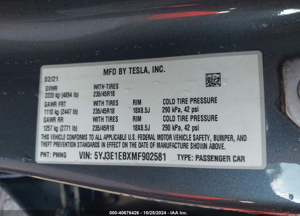 2021 TESLA MODEL 3 LONG RANGE DUAL MOTOR ALL-WHEEL DRIVE VIN: 5YJ3E1EBXMF902581