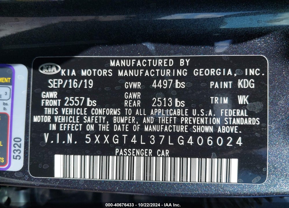 2020 KIA OPTIMA S VIN: 5XXGT4L37LG406024