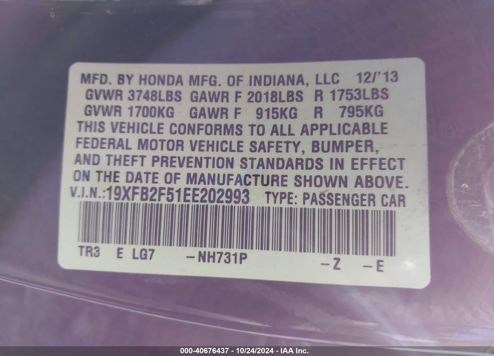 2014 HONDA CIVIC LX VIN: 19XFB2F51EE202993