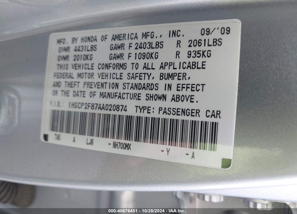 2010 HONDA ACCORD 2.4 EX-L VIN: 1HGCP2F87AA020874