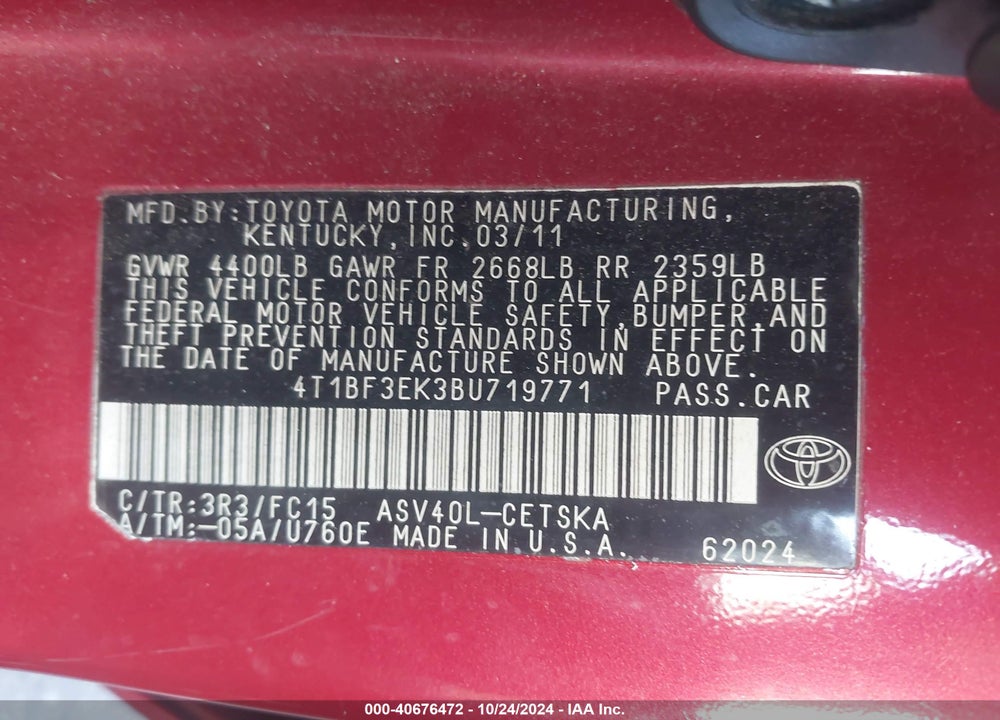 2011 TOYOTA CAMRY SE VIN: 4T1BF3EK3BU719771