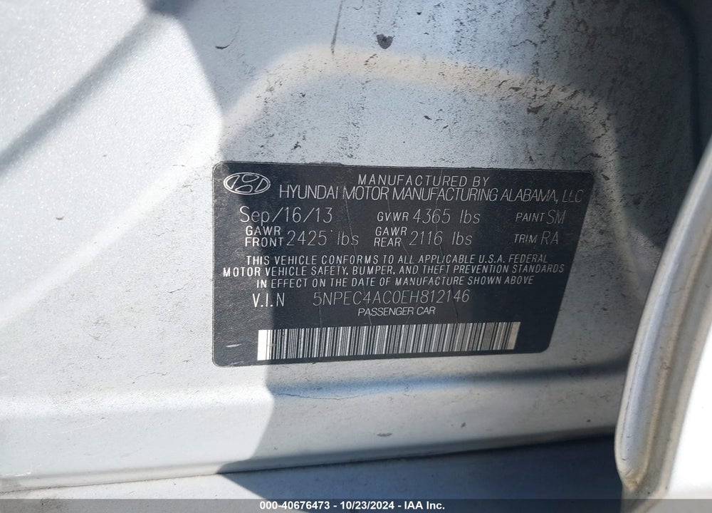 2014 HYUNDAI SONATA SE VIN: 5NPEC4AC0EH812146