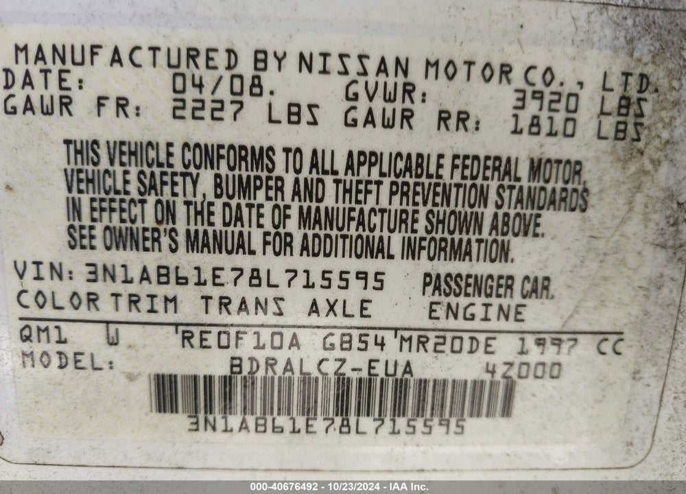 2008 NISSAN SENTRA 2.0 VIN: 3N1AB61E78L715595