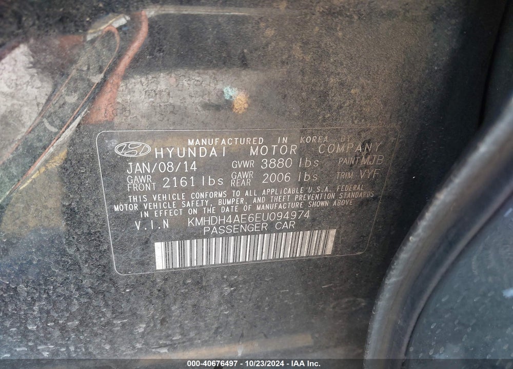 2014 HYUNDAI ELANTRA SE VIN: KMHDH4AE6EU094974