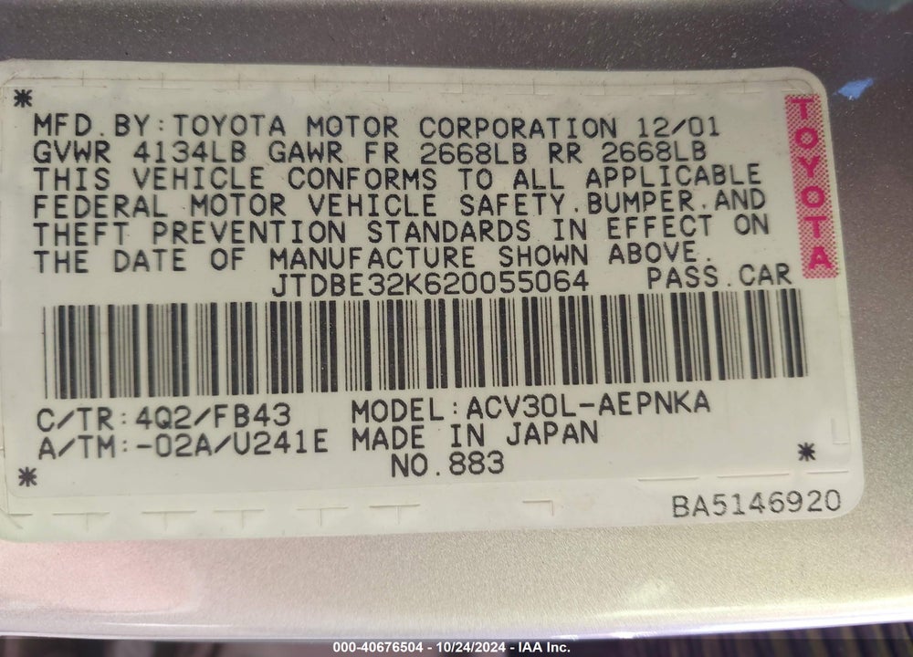 2002 TOYOTA CAMRY LE VIN: JTDBE32K620055064