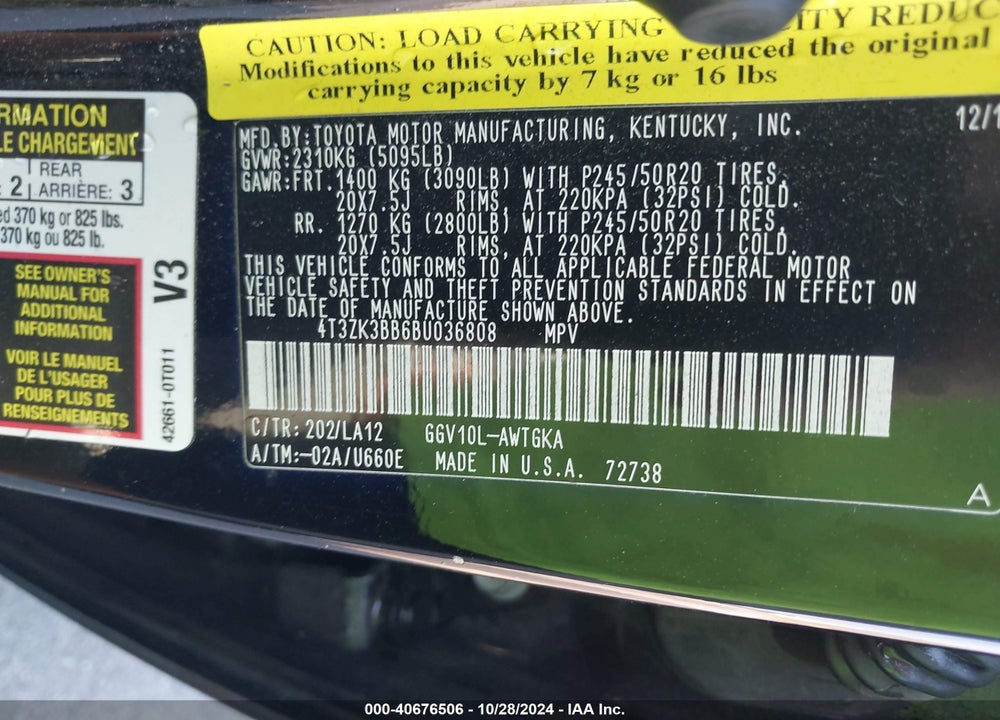 2011 TOYOTA VENZA VIN: 4T3ZK3BB6BU036808