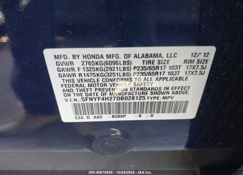 2013 HONDA PILOT LX VIN: 5FNYF4H27DB028125