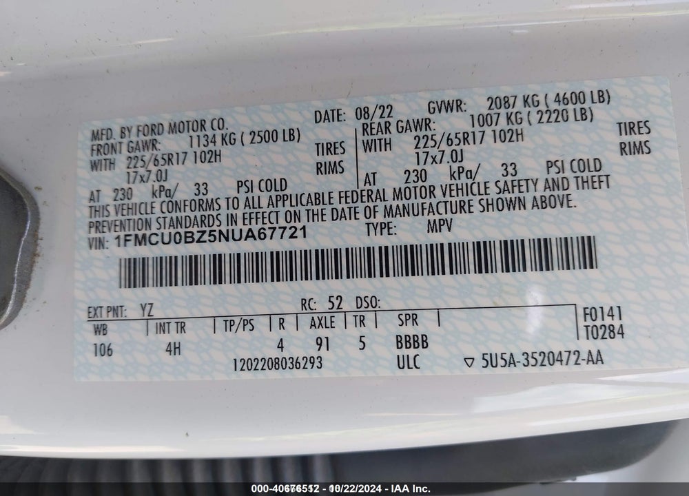 2022 FORD ESCAPE SE HYBRID VIN: 1FMCU0BZ5NUA67721