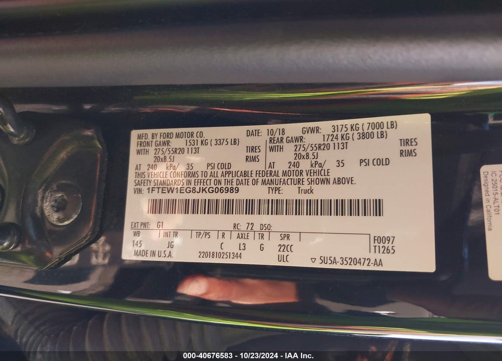 2018 FORD F-150 XL VIN: 1FTEW1EG8JKG06989