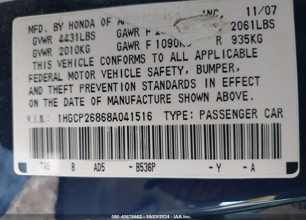 2008 HONDA ACCORD 2.4 EX-L VIN: 1HGCP26868A041516