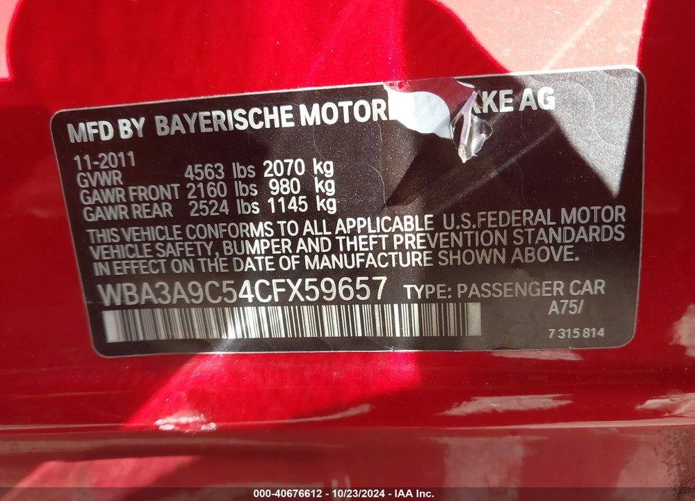 2012 BMW 335I VIN: WBA3A9C54CFX59657