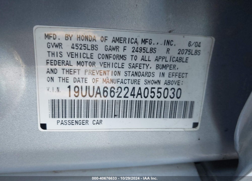 2004 ACURA TL VIN: 19UUA66224A055030