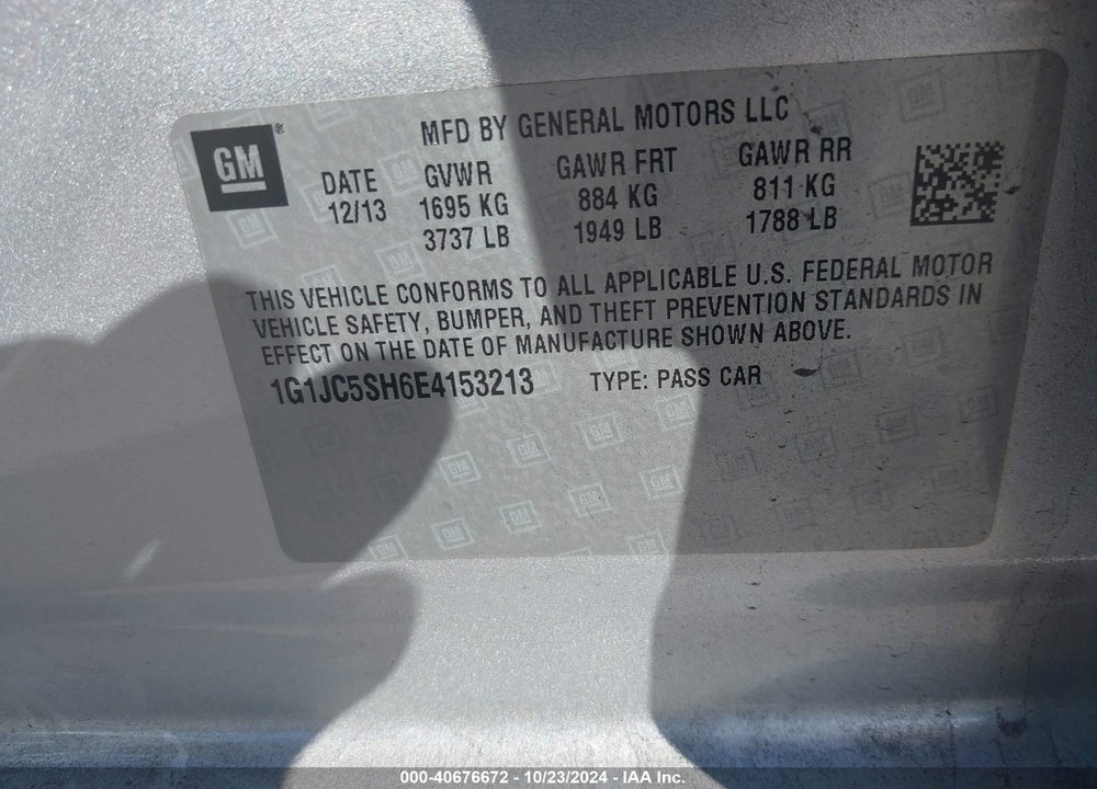 2014 CHEVROLET SONIC LT AUTO VIN: 1G1JC5SH6E4153213