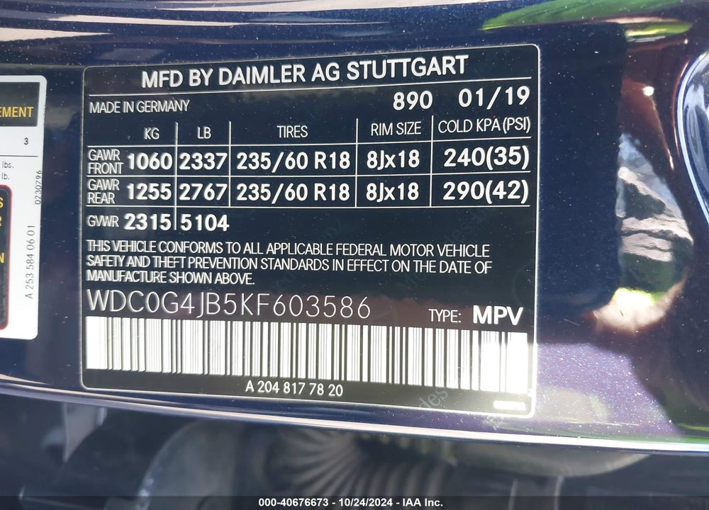 2019 MERCEDES-BENZ GLC 300 VIN: WDC0G4JB5KF603586