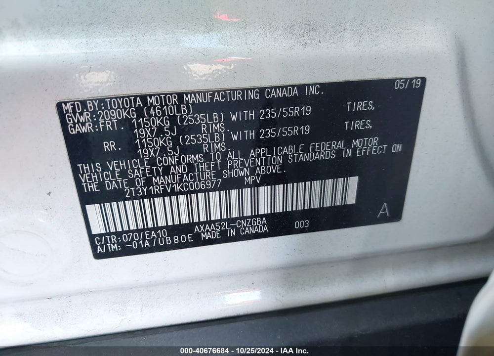 2019 TOYOTA RAV4 LIMITED VIN: 2T3Y1RFV1KC006977