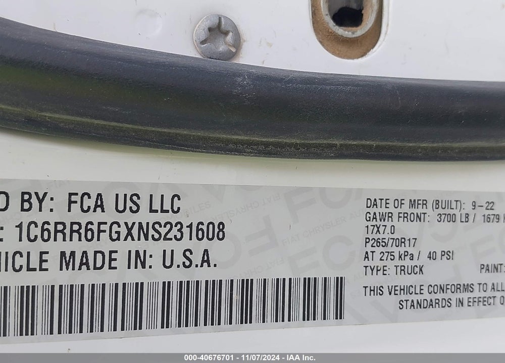 2022 RAM 1500 CLASSIC TRADESMAN 4X2 6'4 BOX VIN: 1C6RR6FGXNS231608