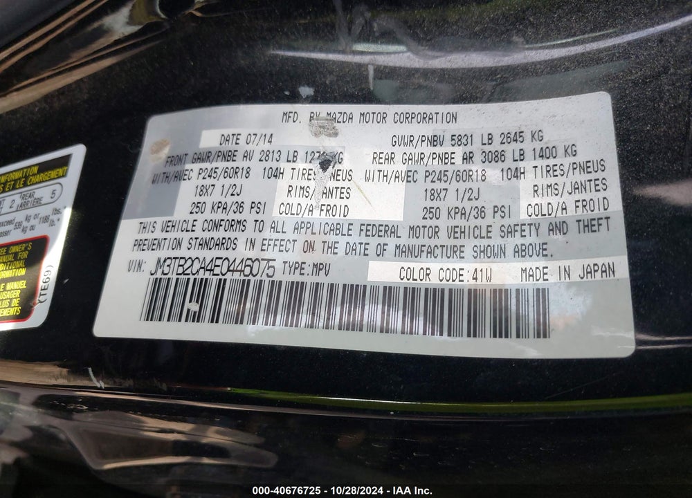2014 MAZDA CX-9 TOURING VIN: JM3TB2CA4E0446075