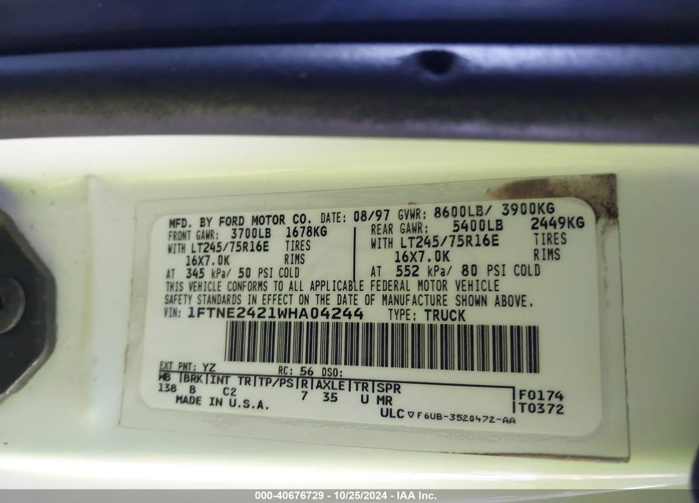 1998 FORD E-250 COMMERCIAL VIN: 1FTNE2421WHA04244