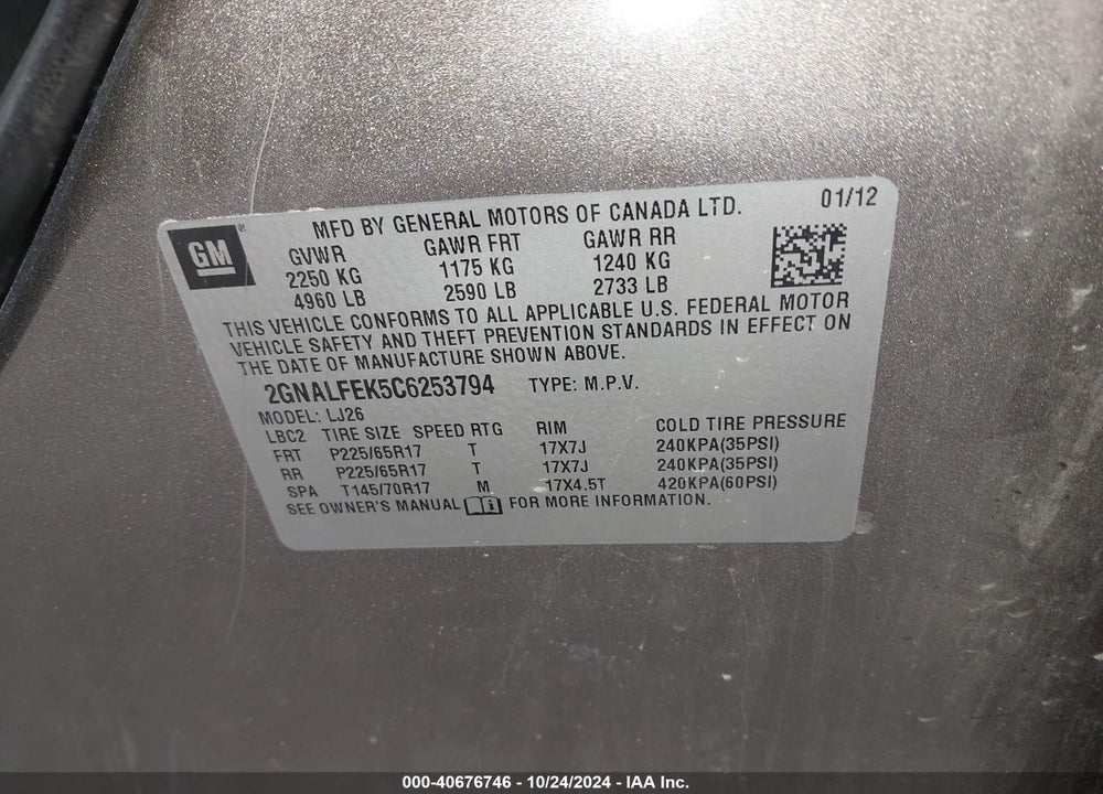 2012 CHEVROLET EQUINOX LTZ VIN: 2GNALFEK5C6253794
