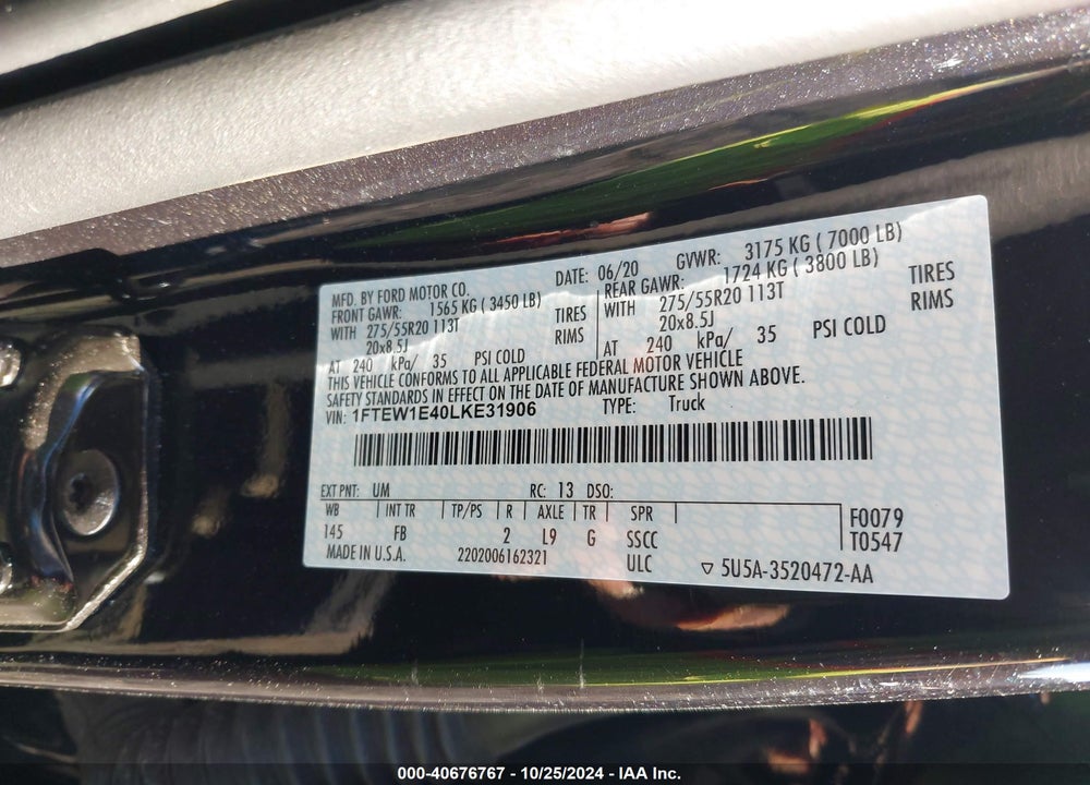 2020 FORD F-150 XLT VIN: 1FTEW1E40LKE31906