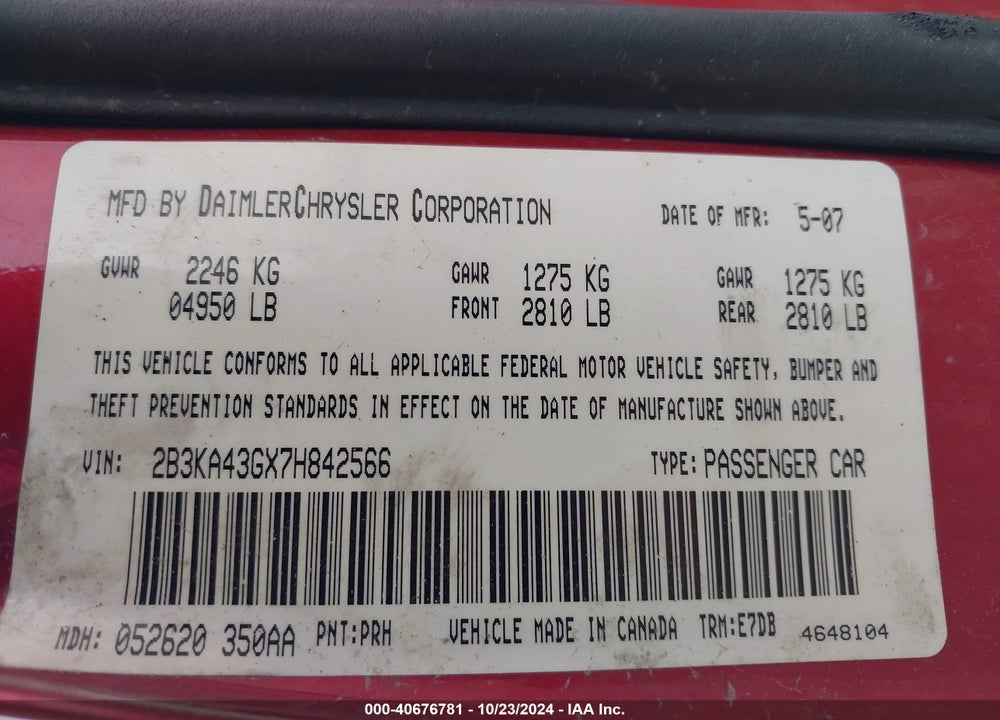 2007 DODGE CHARGER VIN: 2B3KA43GX7H842566